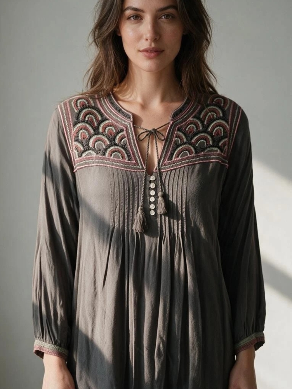 Boho Embroidered Split-Neck Peasant Top in Taupe